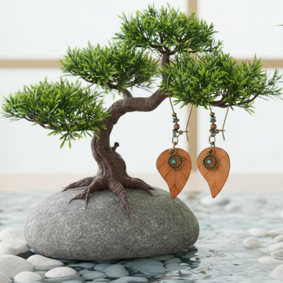 🆕️Rustic Boho Chic Wooden Leaf Earrings with Copper Beads & Turquoise Charm - Picture 4 of 11